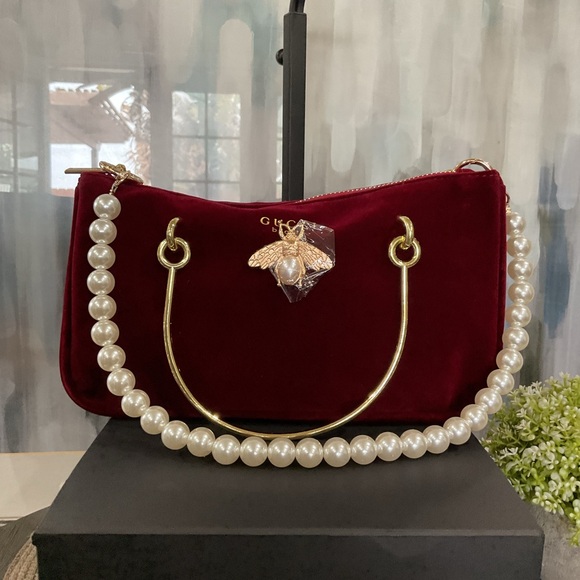 Rich Red Faux Velvet Bag with Pearl Handle - Picture 10 of 12